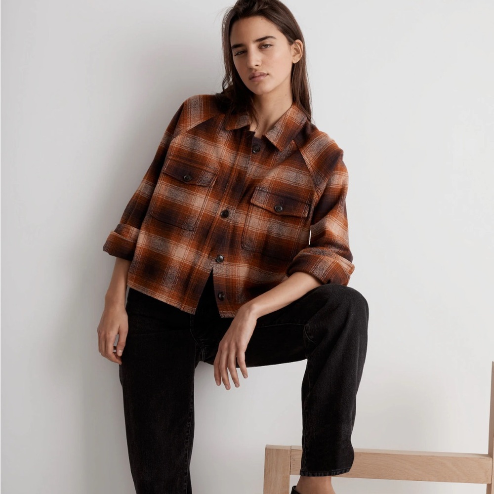 Flannel Crop Shirt-Jacket in Plaid - Picture 9 of 10